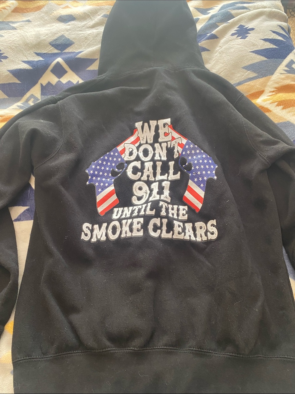 Black Graphic Hooded Sweatshirt with Patriotic Back Print